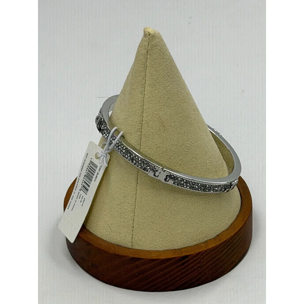 Women's Tory Burch Pave Crystal Silver Tone Logo Bangle Bracelet Luxury Chic NWT